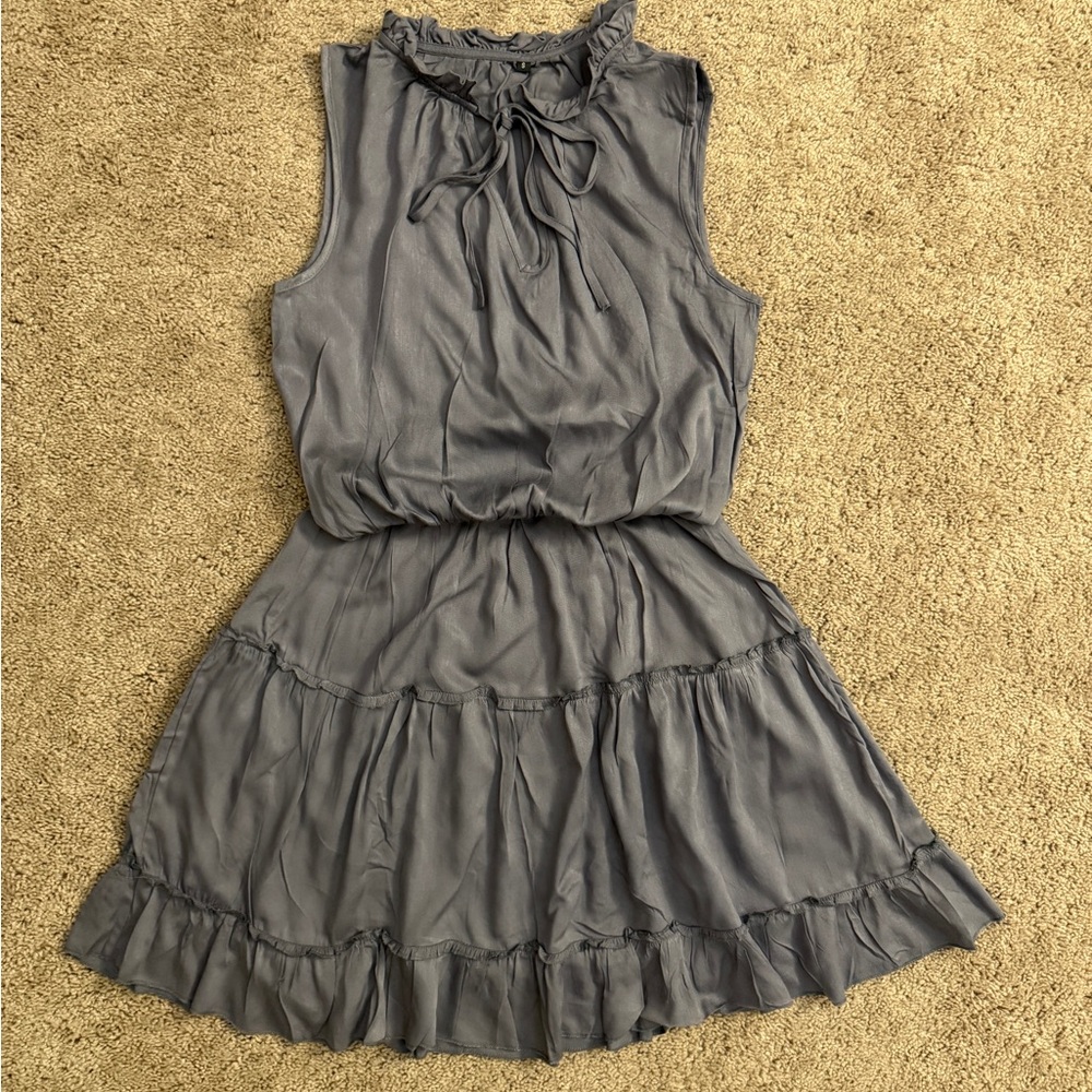Cotton Mini Dress Women size Small Gray Sleeveless Aline Skirt Ruffle Neck Tie